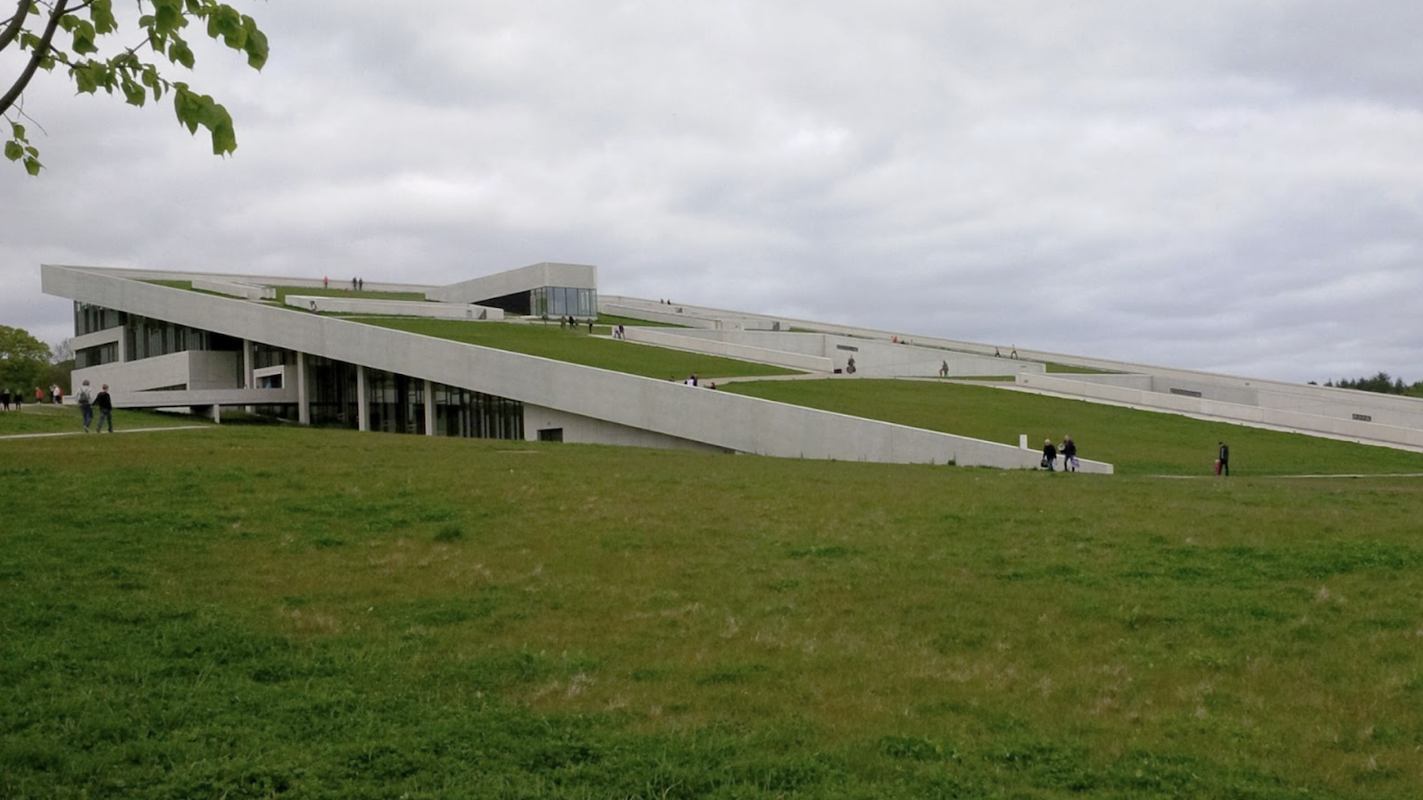 Image of the Moesgaard Museum, a modern building with a grass-covered sloping roof that blends with the surrounding landscape